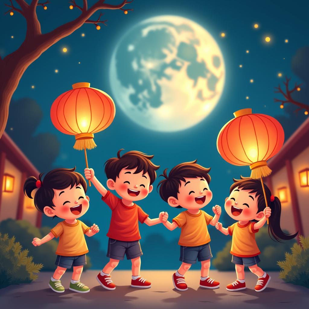 Hình ảnh trung thu đẹp về các em bé cười đùa rước đèn dưới ánh trăng